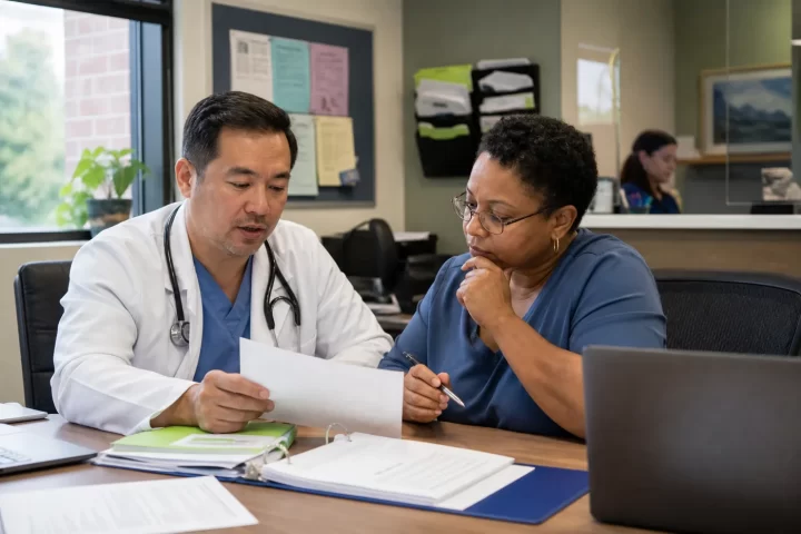 Physician owner and billing manager comparing in-house and outsourced billing
