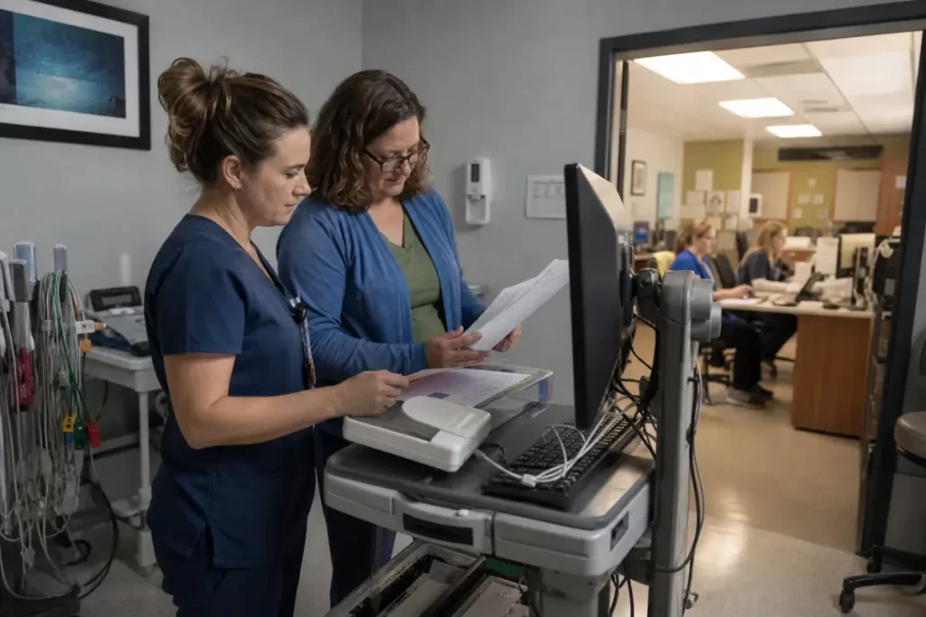 Busy urgent care administrative team processing claims