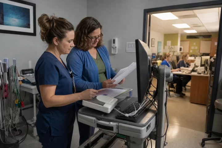 Cardiology staff coordinating diagnostic documentation and billing