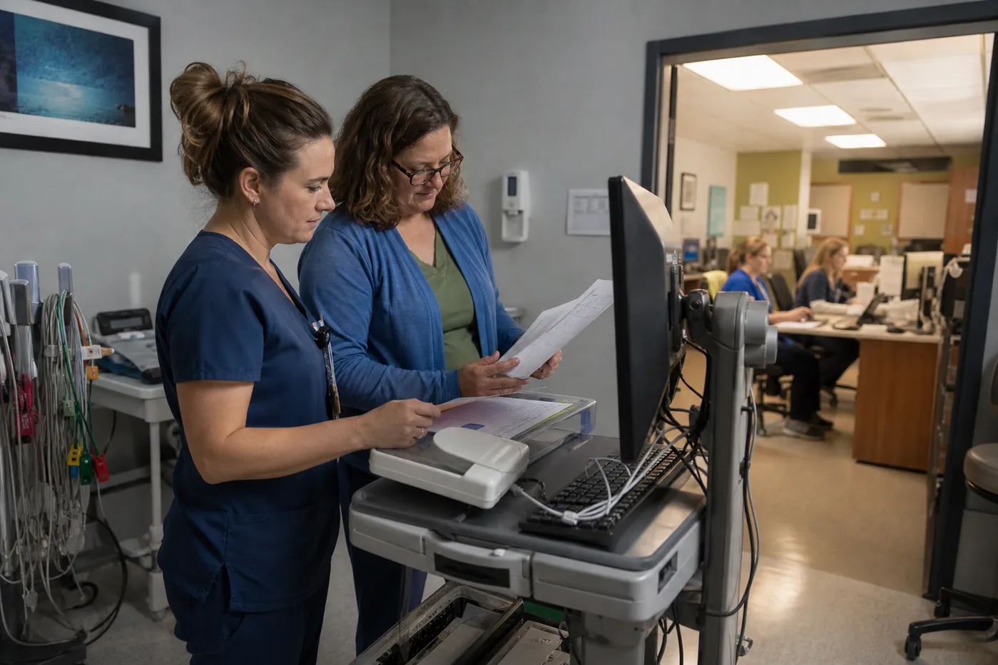 Cardiology staff coordinating diagnostic documentation and billing