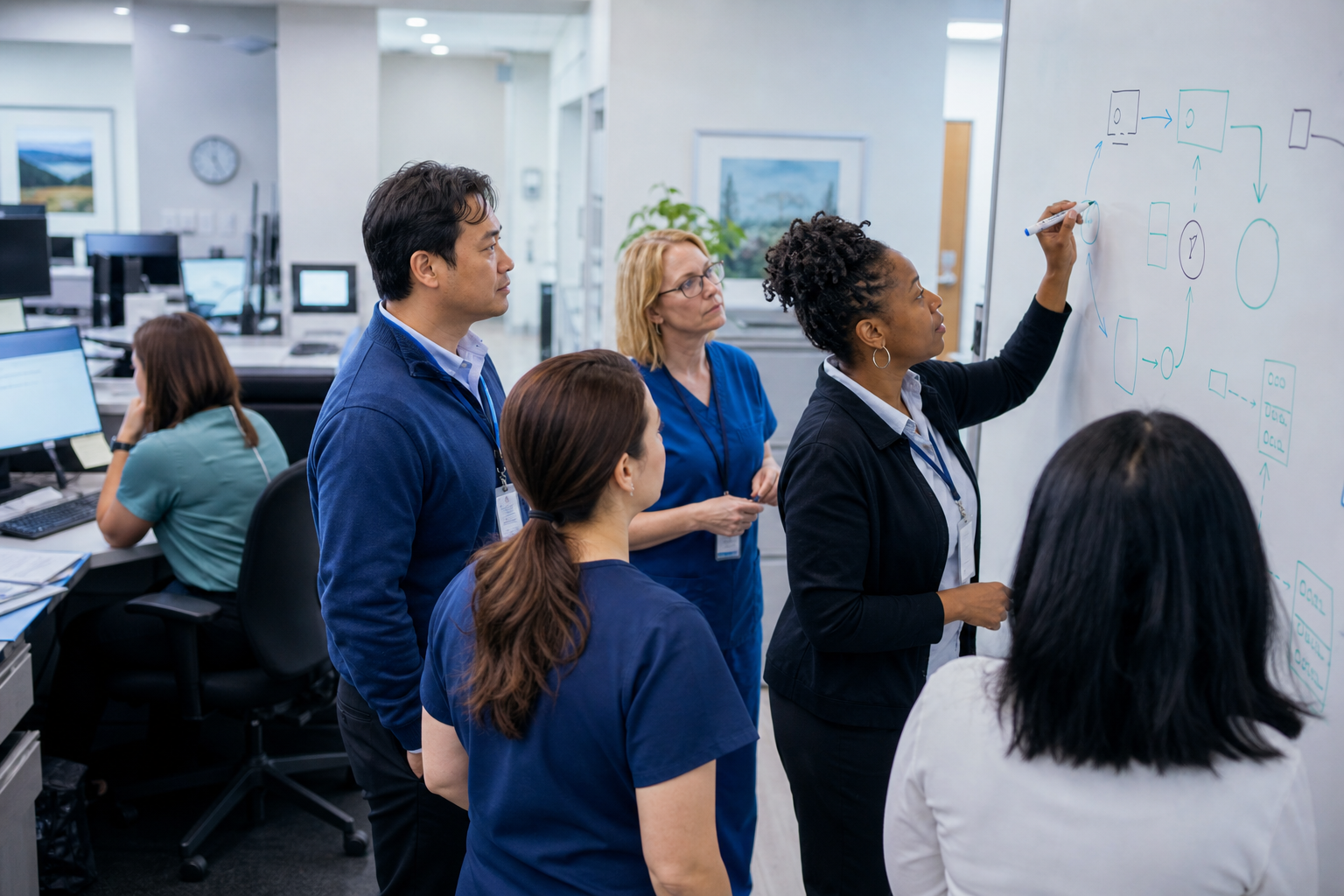 Medical billing team reviewing denial patterns and payer reports in a clinic office