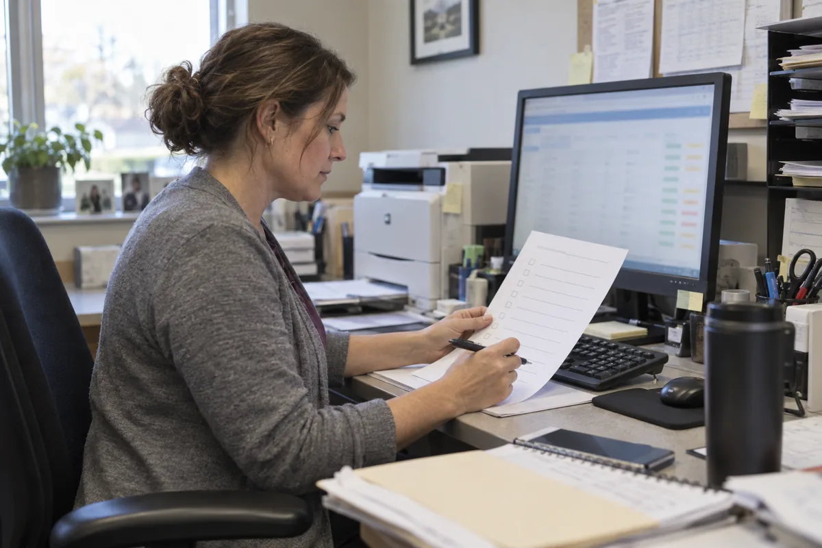 Medical billing coordinator reviewing electronic claim status at a back-office workstation