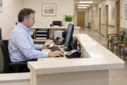 Medical practice administrator reviewing billing workflow beside a reception payment terminal
