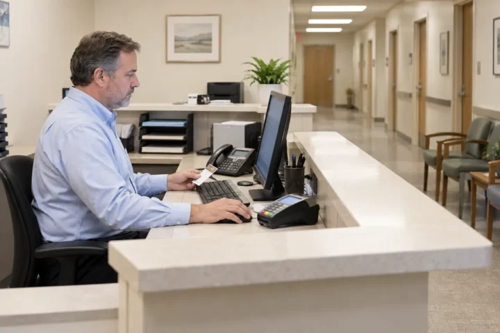 Medical practice administrator reviewing billing workflow beside a reception payment terminal