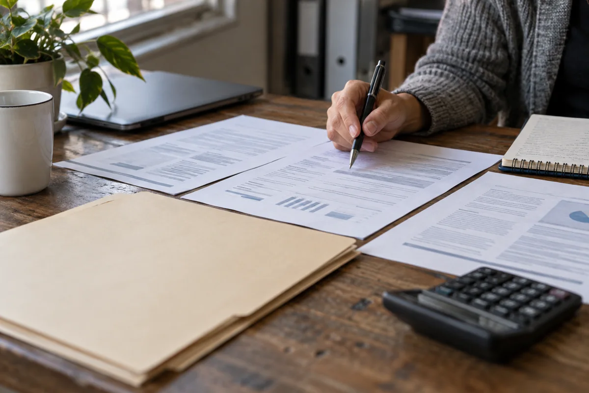 Proposal paperwork, calculator and notebook on a medical practice administrator's desk