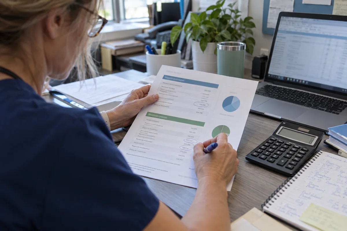 Medical practice administrator reviewing first-year and recurring software costs