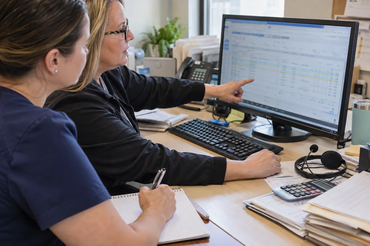 Practice manager reviewing a billing work queue with an office employee