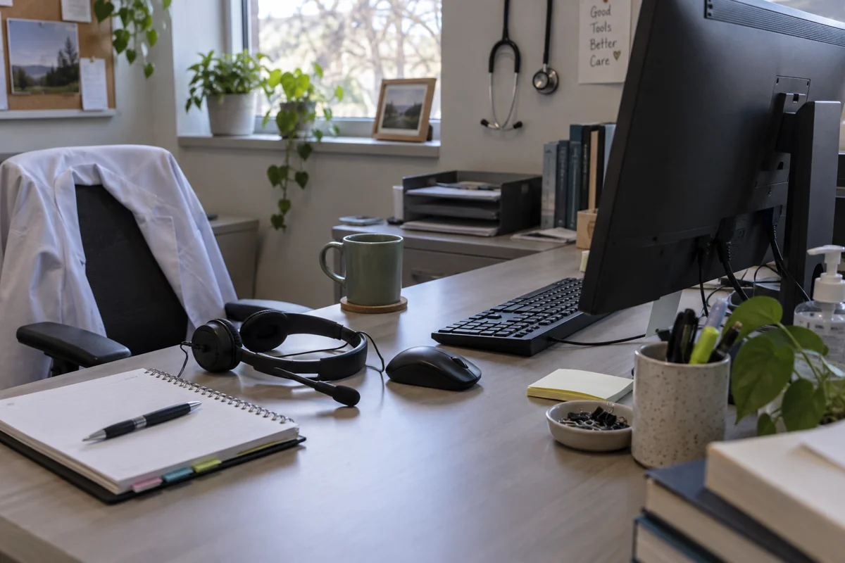 A keyboard, headset and training notebook in a medical billing office